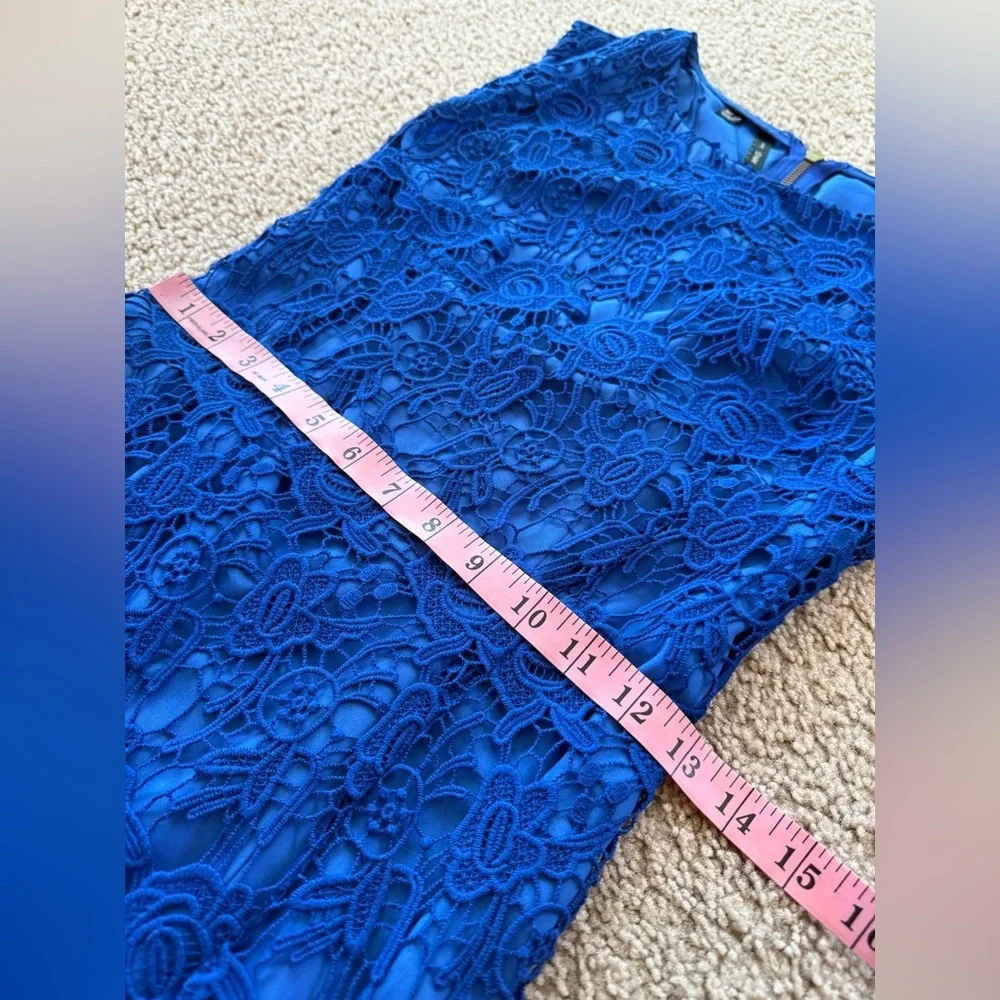 Mango Suit Royal Blue Floral Lace Sheath Dress Scalloped Hem Size 4 - Picture 9 of 11